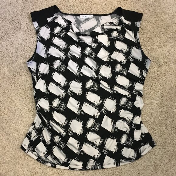 B&W Canadian Spy Movie Paint Blotched Ruched Waist Cowl Neck Tank Top - Picture 11 of 15